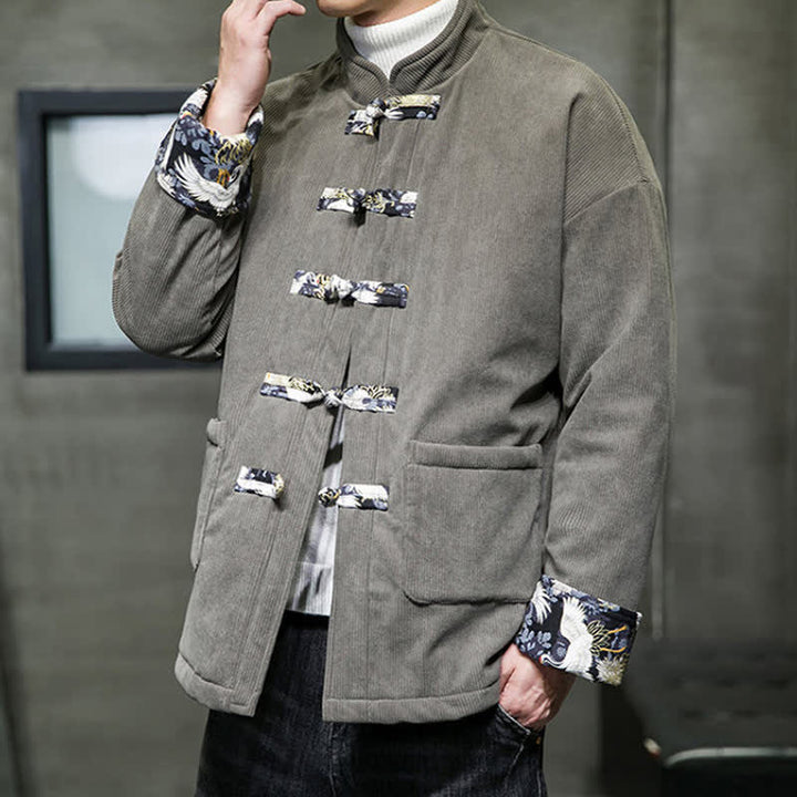 Buddha Stones Lässige Herrenjacke im Tang-Stil mit Stehkragen, weiß, mit Taschen - image 3
