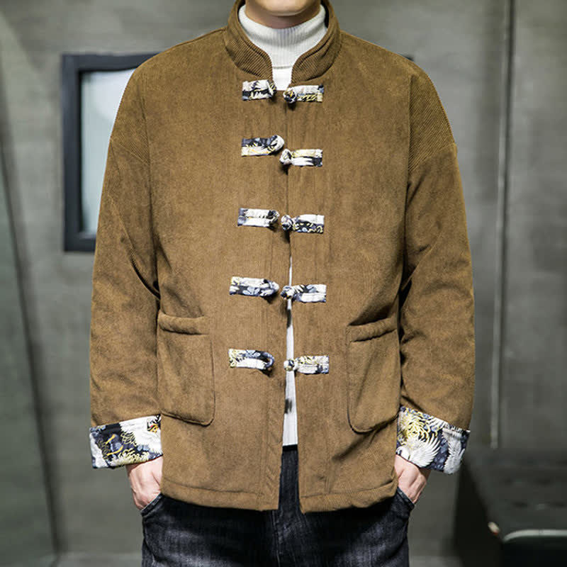 Buddha Stones Lässige Herrenjacke im Tang-Stil mit Stehkragen, weiß, mit Taschen - image 18