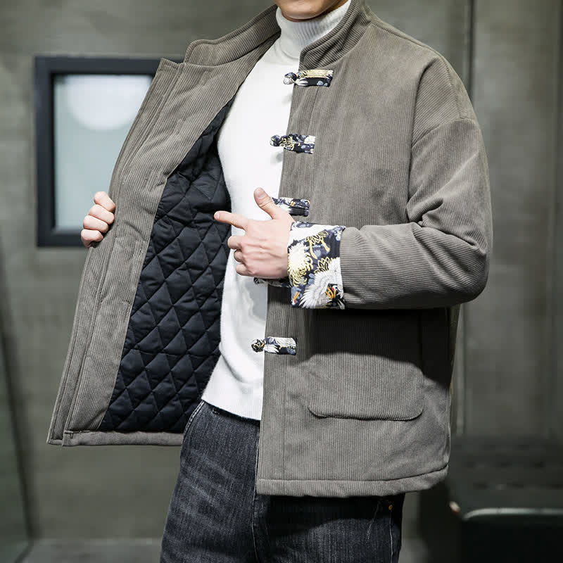 Buddha Stones Lässige Herrenjacke im Tang-Stil mit Stehkragen, weiß, mit Taschen - image 2