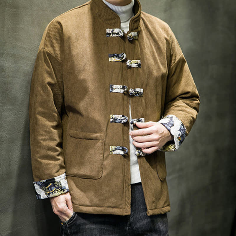 Buddha Stones Lässige Herrenjacke im Tang-Stil mit Stehkragen, weiß, mit Taschen - image 19