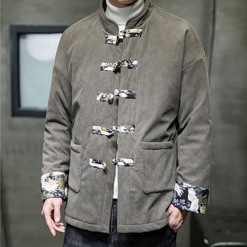 Buddha Stones Lässige Herrenjacke im Tang-Stil mit Stehkragen, weiß, mit Taschen - image 7