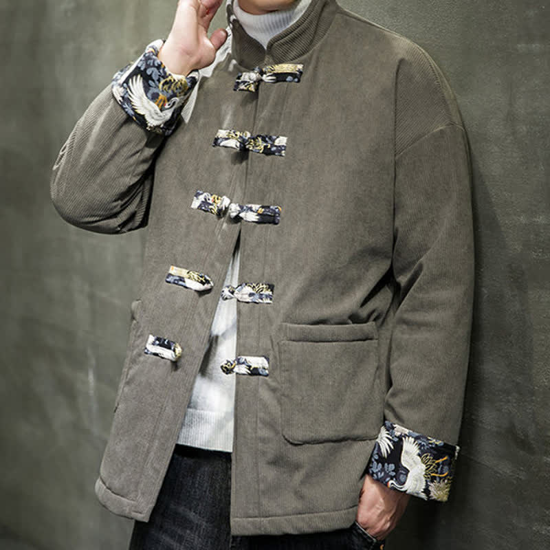 Buddha Stones Lässige Herrenjacke im Tang-Stil mit Stehkragen, weiß, mit Taschen - image 8