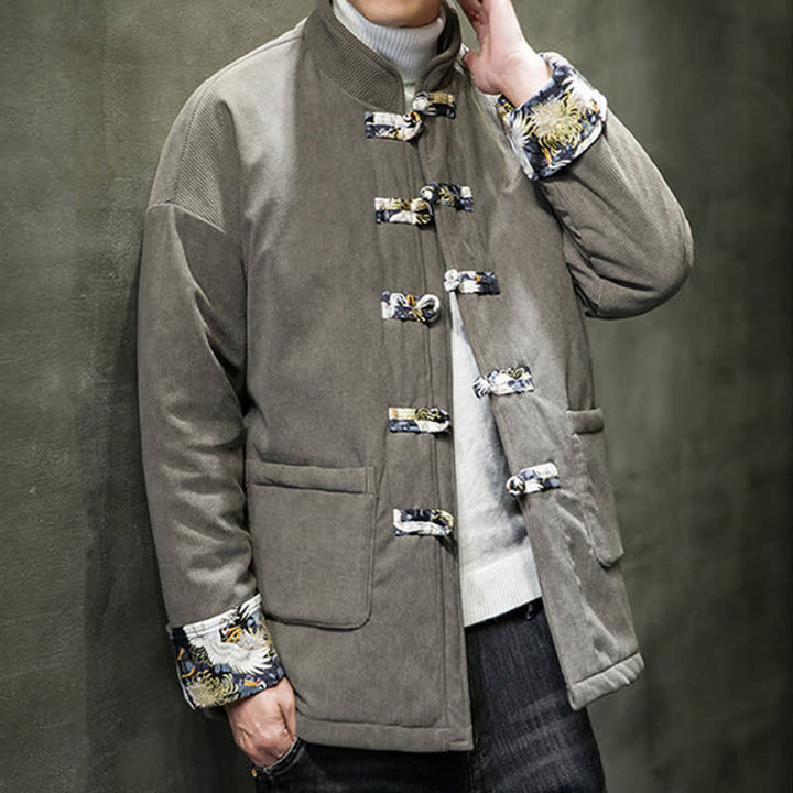Buddha Stones Lässige Herrenjacke im Tang-Stil mit Stehkragen, weiß, mit Taschen - image 9