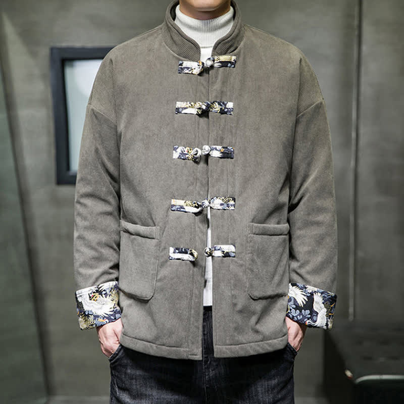 Buddha Stones Lässige Herrenjacke im Tang-Stil mit Stehkragen, weiß, mit Taschen - image 5