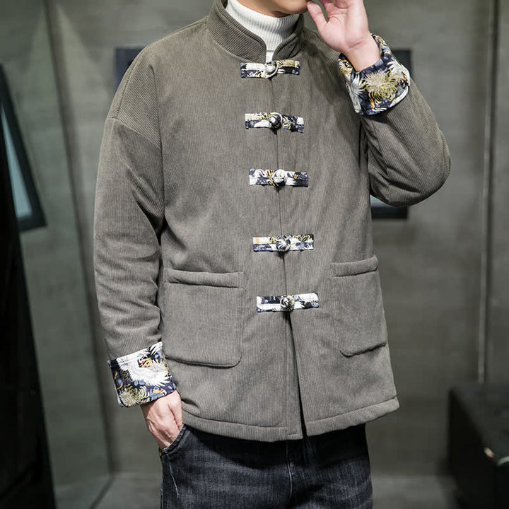 Buddha Stones Lässige Herrenjacke im Tang-Stil mit Stehkragen, weiß, mit Taschen - image 6