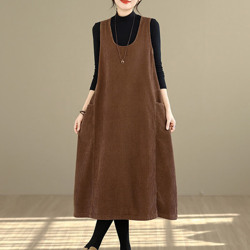 Buddha Stones Herbst/Winter Retro Schlichtes, einfarbiges Cordkleid für Damen mit Rundhalsausschnitt, ärmellos und mit Taschen - Sienna - US 8-10, UK/AU 12-14, EU 40-42 (2XL) - image 0