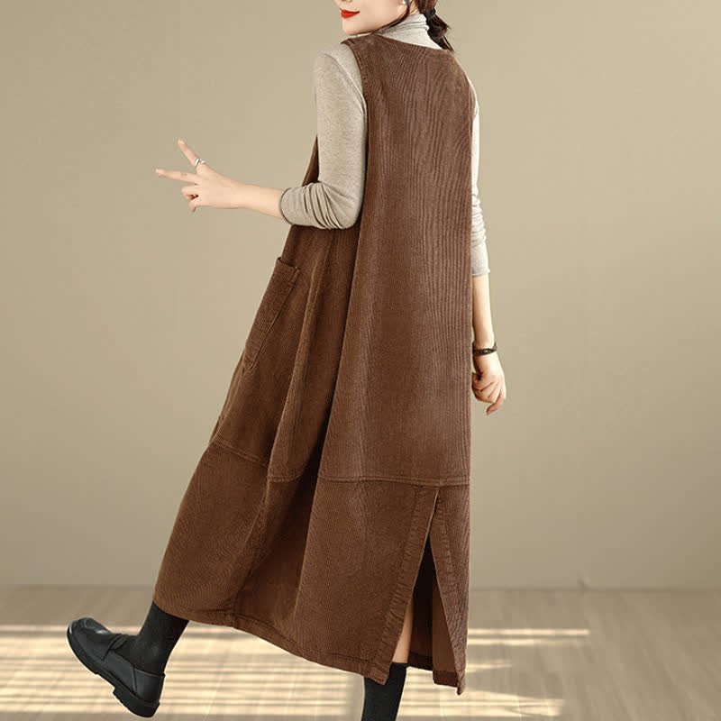 Buddha Stones Herbst/Winter Vintage Schlichtes, einfarbiges Damen-Winterkleid mit Rundhalsausschnitt, ärmellos und mit Taschen - image 4