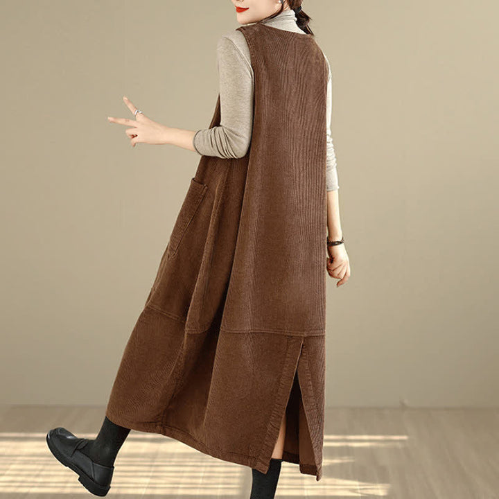 Buddha Stones Herbst/Winter Vintage Schlichtes, einfarbiges Damen-Winterkleid mit Rundhalsausschnitt, ärmellos und mit Taschen - image 4