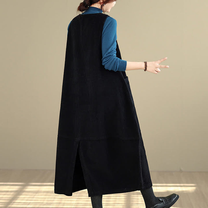 Buddha Stones Herbst/Winter Vintage Schlichtes, einfarbiges Damen-Winterkleid mit Rundhalsausschnitt, ärmellos und mit Taschen - image 15