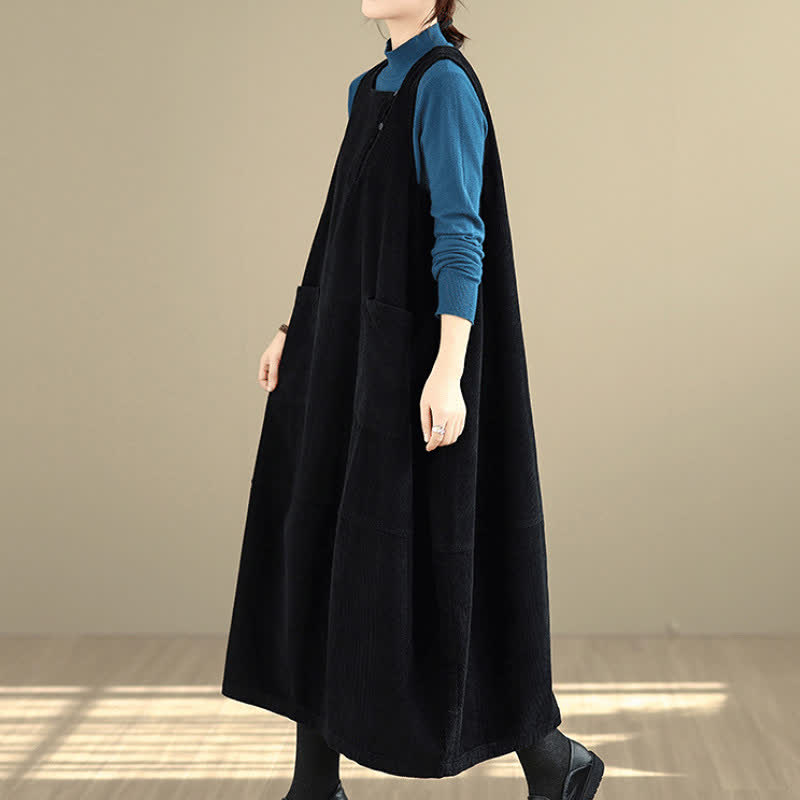 Buddha Stones Herbst/Winter Vintage Schlichtes, einfarbiges Damen-Winterkleid mit Rundhalsausschnitt, ärmellos und mit Taschen - image 14