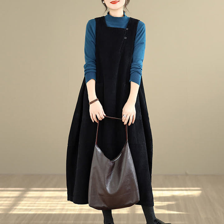 Buddha Stones Herbst/Winter Vintage Schlichtes, einfarbiges Damen-Winterkleid mit Rundhalsausschnitt, ärmellos und mit Taschen - image 16