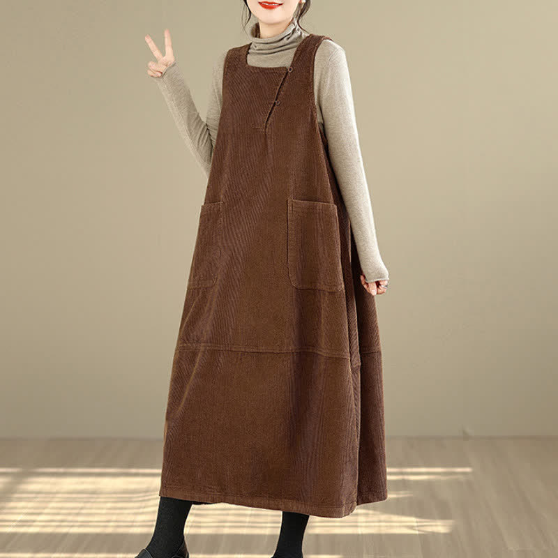 Buddha Stones Herbst/Winter Vintage Schlichtes, einfarbiges Damen-Winterkleid mit Rundhalsausschnitt, ärmellos und mit Taschen - image 5