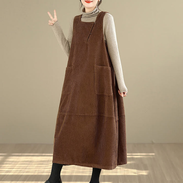 Buddha Stones Herbst/Winter Vintage Schlichtes, einfarbiges Damen-Winterkleid mit Rundhalsausschnitt, ärmellos und mit Taschen - image 5