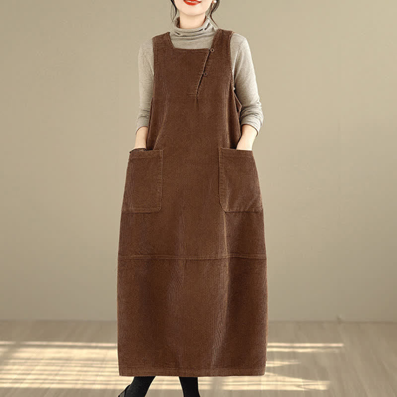 Buddha Stones Herbst/Winter Vintage Schlichtes, einfarbiges Damen-Winterkleid mit Rundhalsausschnitt, ärmellos und mit Taschen - image 1
