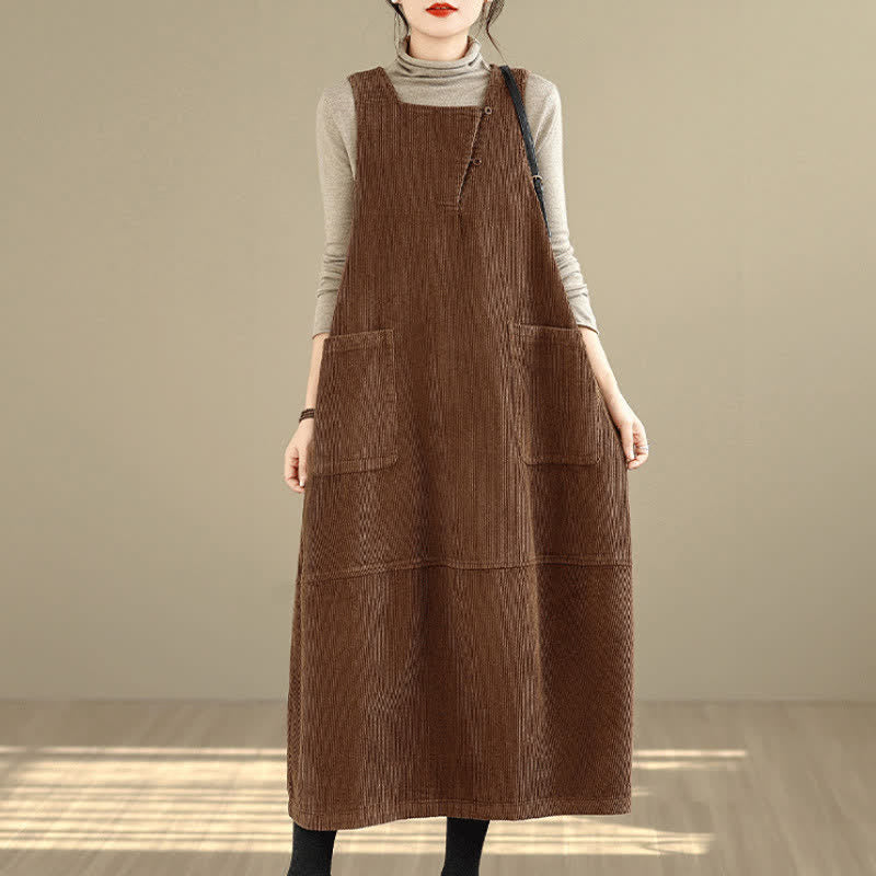 Buddha Stones Herbst/Winter Vintage Schlichtes, einfarbiges Damen-Winterkleid mit Rundhalsausschnitt, ärmellos und mit Taschen - image 3