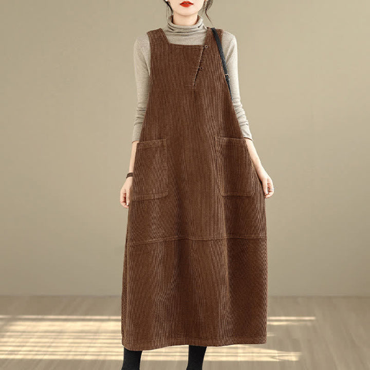 Buddha Stones Herbst/Winter Vintage Schlichtes, einfarbiges Damen-Winterkleid mit Rundhalsausschnitt, ärmellos und mit Taschen - image 3