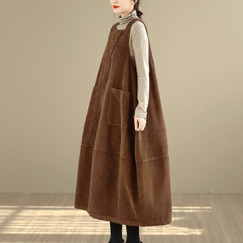 Buddha Stones Herbst/Winter Vintage Schlichtes, einfarbiges Damen-Winterkleid mit Rundhalsausschnitt, ärmellos und mit Taschen - image 2