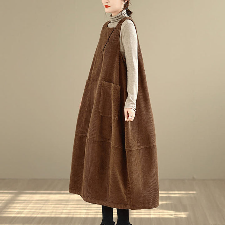 Buddha Stones Herbst/Winter Vintage Schlichtes, einfarbiges Damen-Winterkleid mit Rundhalsausschnitt, ärmellos und mit Taschen - image 2