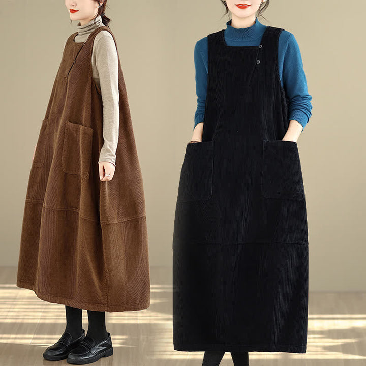 Buddha Stones Herbst/Winter Vintage Schlichtes, einfarbiges Damen-Winterkleid mit Rundhalsausschnitt, ärmellos und mit Taschen - image 17
