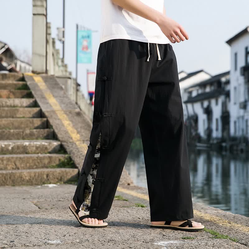 Buddha Stones Lässige lange Hose im Tang-Stil mit Seitenschlitzen, geradem Bein und Taschen für Herren (Frühling/Sommer) - image 1