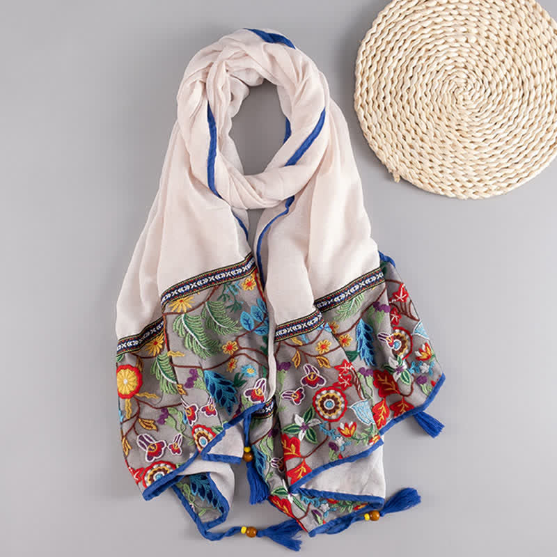 Buddha Stones Frühling/Herbst Boho Bestickter, floraler Quasten-Schal für Damen, dünn - Weiß - image 0