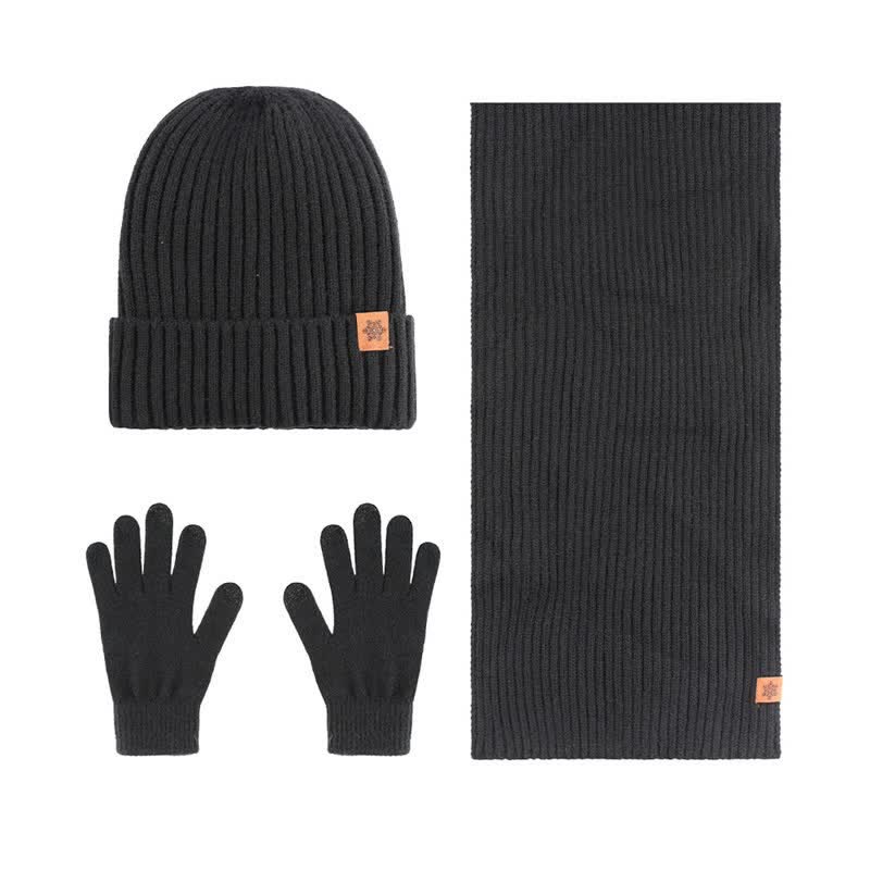 Buddha Stones 3-teiliges Winter-Geschenkset mit Rippstrick, bestehend aus Schal, Mütze und Handschuhen für Herren. - 3-teiliges geripptes schwarzes - image 0