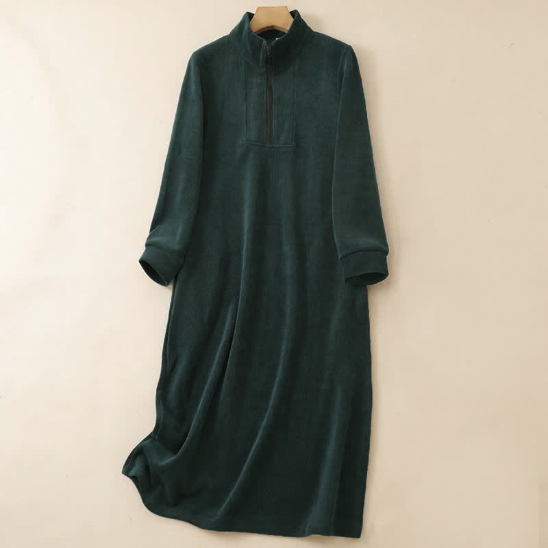 Buddha Stones Lässiges Herbst-Winter-Kleid im Tang-Stil mit Viertelreißverschluss, einfarbigem Cord, langen Ärmeln und Taschen für Damen - Dunkelgrün - US8-10, UK/AU12-14, EU40-42 (2XL) - image 0
