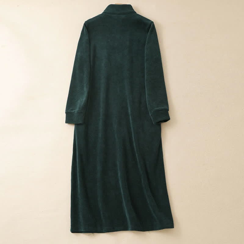 Buddha Stones Lässiges Herbst-Winter-Kleid im Tang-Stil mit Viertelreißverschluss, einfarbigem Cord, langen Ärmeln und Taschen für Damen - image 1