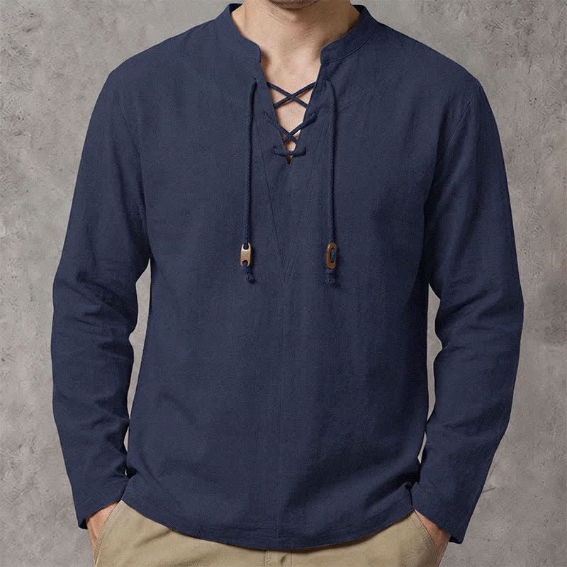 Buddha Stones Lässige Herren-Langarmhemden mit Kordelzug und Stehkragen für Frühling und Herbst - Marine - US/UK/AU42, EU52 (3XL) - image 0