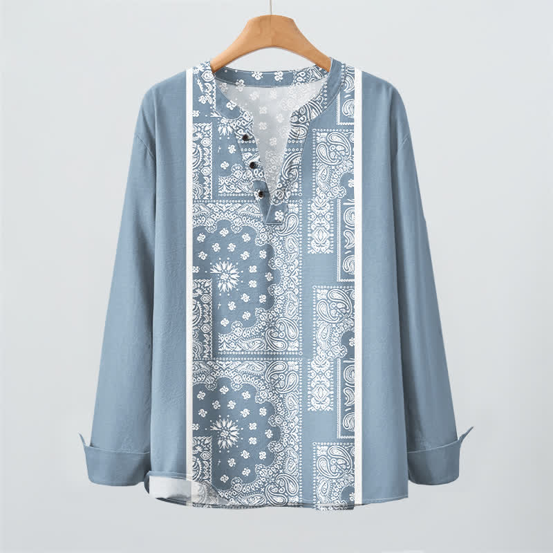 Buddha Stones Baumwollhemd im Boho-Stil mit Paisley-Streifenmuster, V-Ausschnitt und Knöpfen, langärmlig - image 2