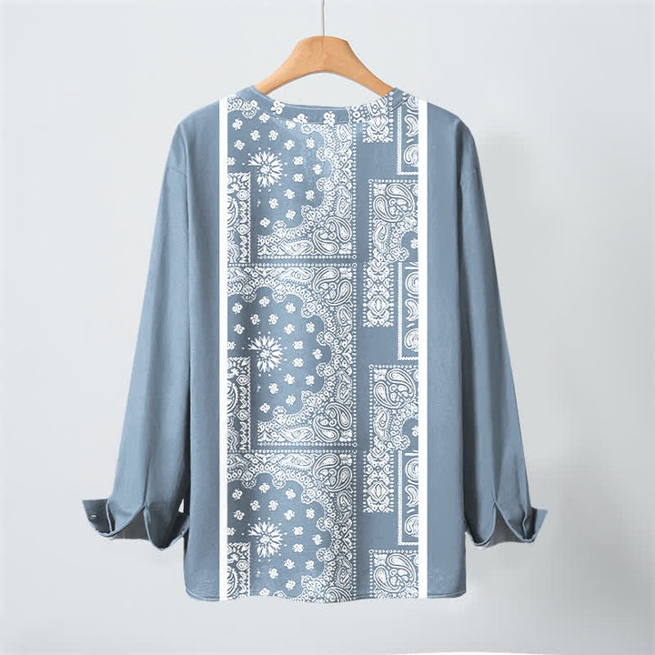 Buddha Stones Baumwollhemd im Boho-Stil mit Paisley-Streifenmuster, V-Ausschnitt und Knöpfen, langärmlig - image 3