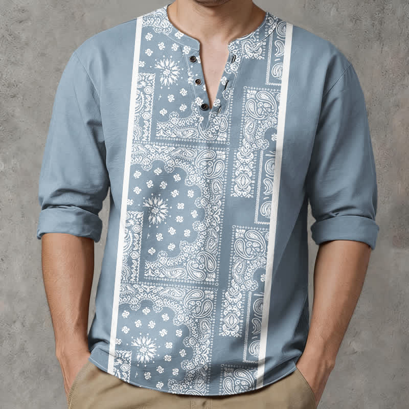 Buddha Stones Baumwollhemd im Boho-Stil mit Paisley-Streifenmuster, V-Ausschnitt und Knöpfen, langärmlig - Hellstahlblau - US/ UK/AU48, EU58 (4XL) - image 0