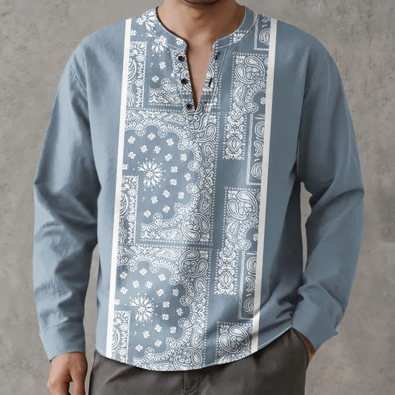 Buddha Stones Baumwollhemd im Boho-Stil mit Paisley-Streifenmuster, V-Ausschnitt und Knöpfen, langärmlig - image 1