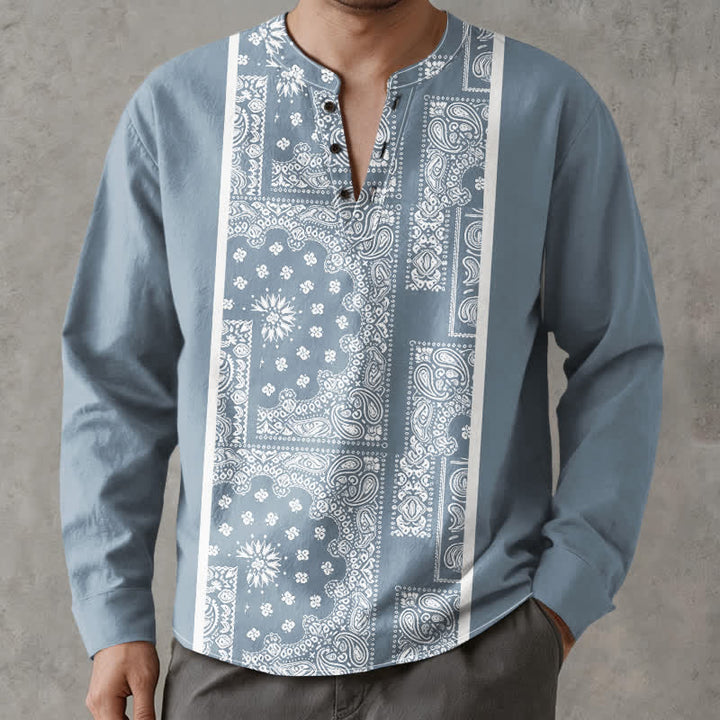 Buddha Stones Baumwollhemd im Boho-Stil mit Paisley-Streifenmuster, V-Ausschnitt und Knöpfen, langärmlig - image 1