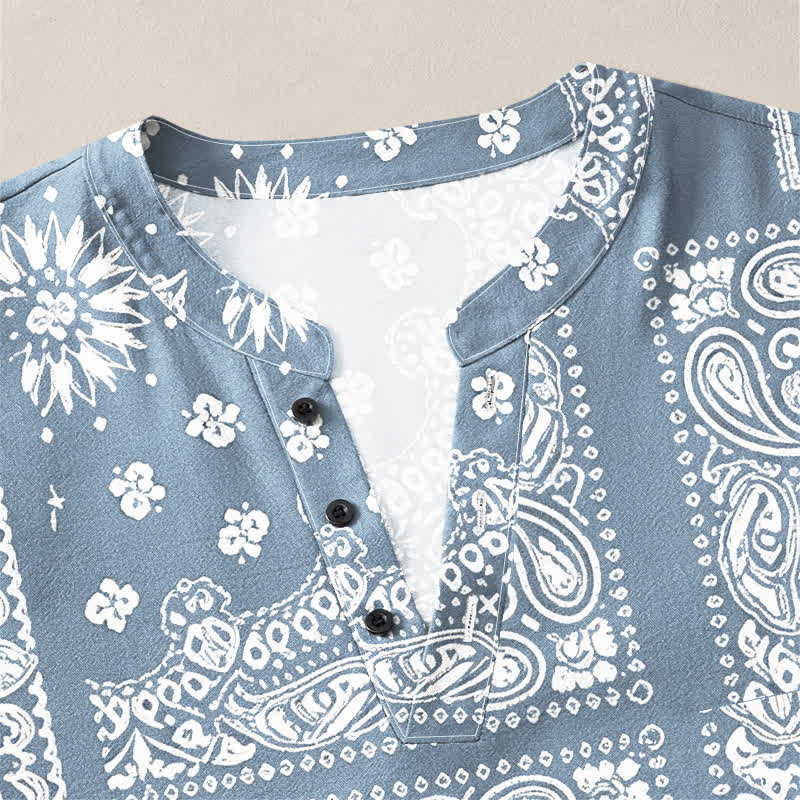 Buddha Stones Baumwollhemd im Boho-Stil mit Paisley-Streifenmuster, V-Ausschnitt und Knöpfen, langärmlig - image 4