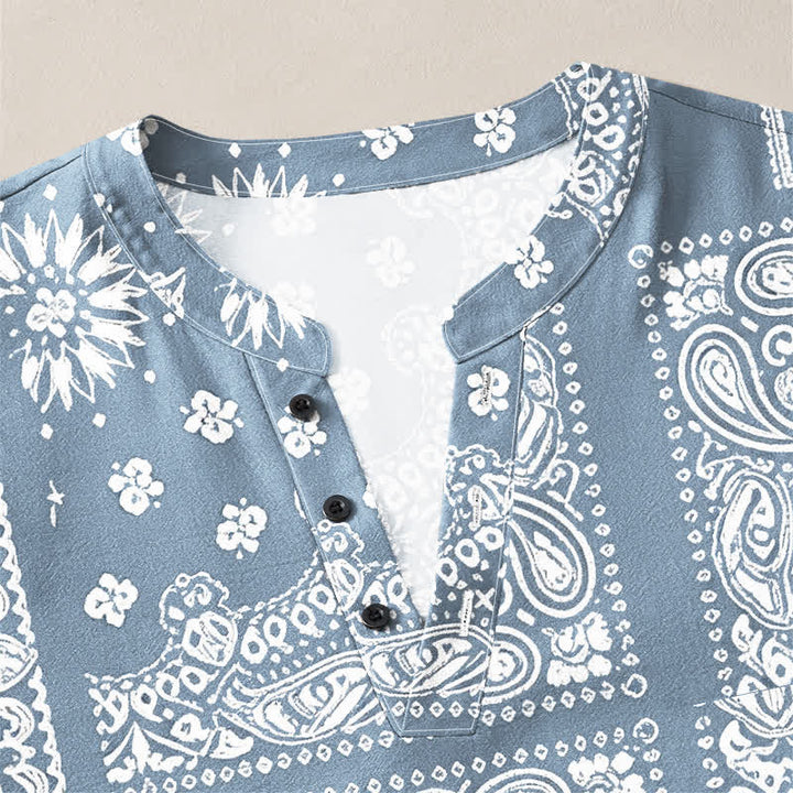 Buddha Stones Baumwollhemd im Boho-Stil mit Paisley-Streifenmuster, V-Ausschnitt und Knöpfen, langärmlig - image 4