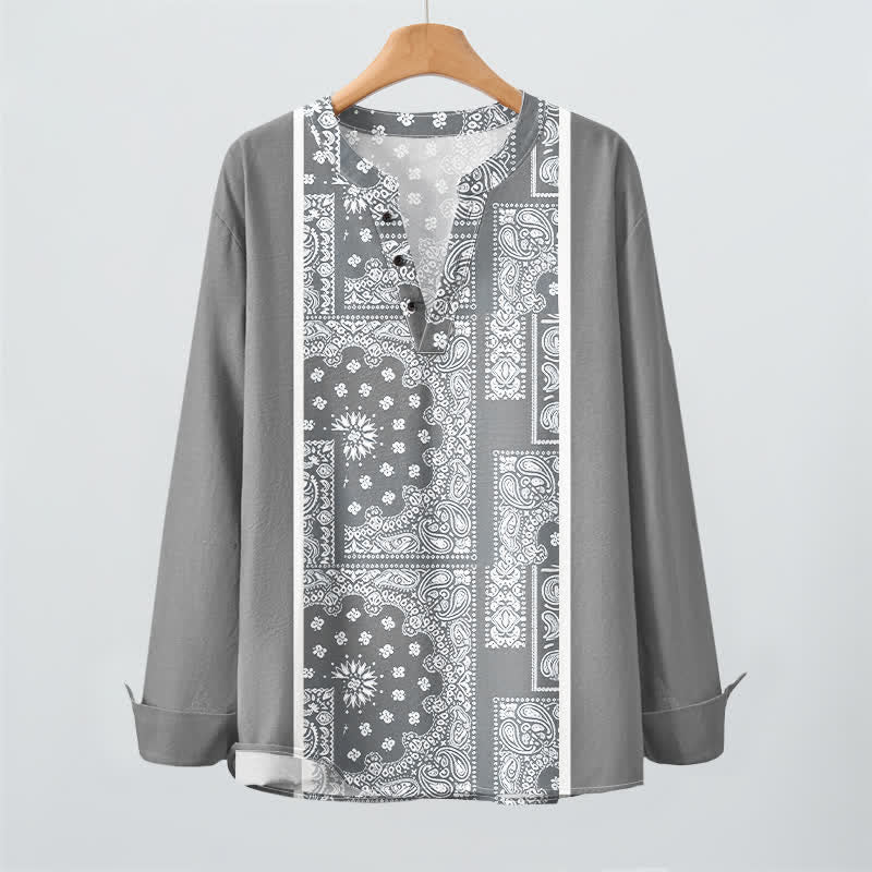 Buddha Stones Baumwollhemd im Boho-Stil mit Paisley-Streifenmuster, V-Ausschnitt und Knöpfen, langärmlig - image 9