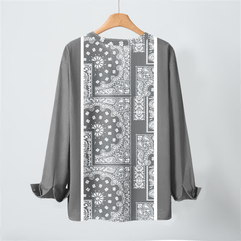 Buddha Stones Baumwollhemd im Boho-Stil mit Paisley-Streifenmuster, V-Ausschnitt und Knöpfen, langärmlig - image 10