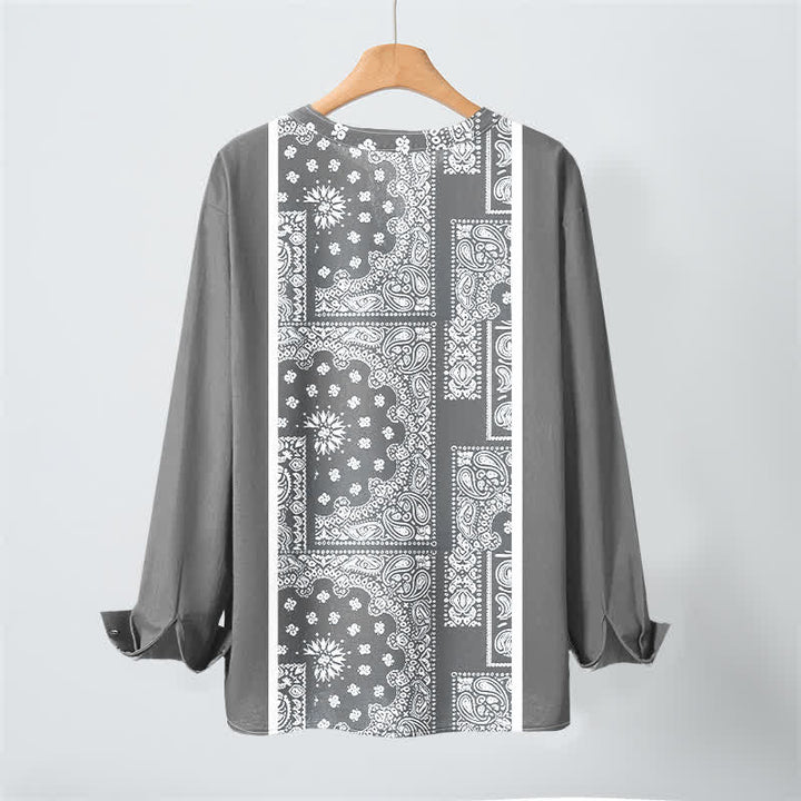 Buddha Stones Baumwollhemd im Boho-Stil mit Paisley-Streifenmuster, V-Ausschnitt und Knöpfen, langärmlig - image 10