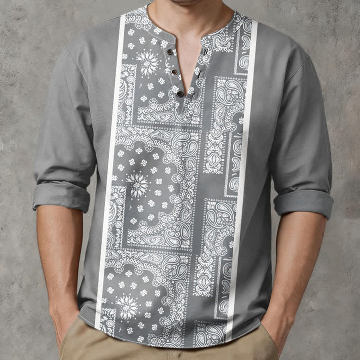 Buddha Stones Baumwollhemd im Boho-Stil mit Paisley-Streifenmuster, V-Ausschnitt und Knöpfen, langärmlig - Grau - US/ UK/AU48, EU58 (4XL) - image 7
