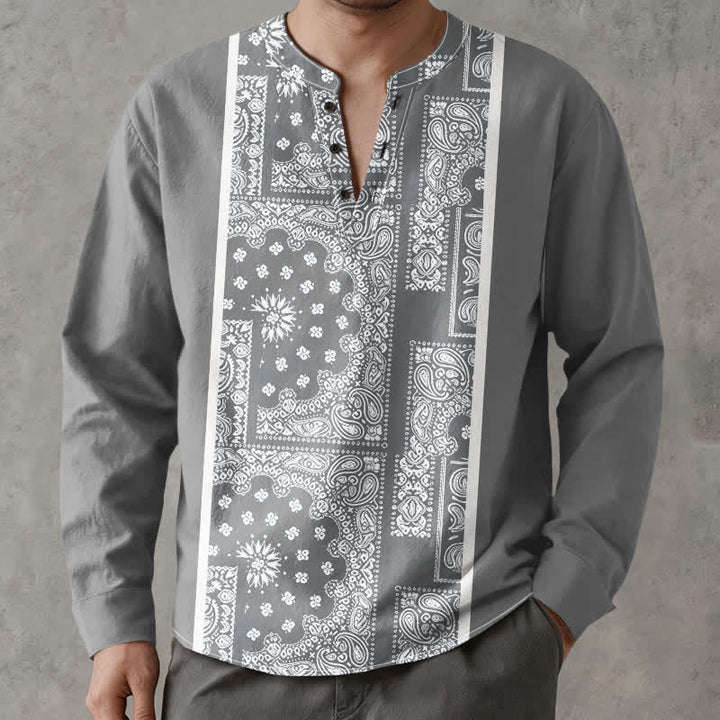 Buddha Stones Baumwollhemd im Boho-Stil mit Paisley-Streifenmuster, V-Ausschnitt und Knöpfen, langärmlig - image 8