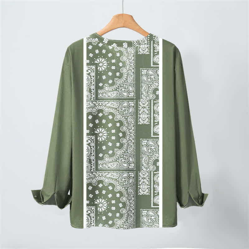 Buddha Stones Baumwollhemd im Boho-Stil mit Paisley-Streifenmuster, V-Ausschnitt und Knöpfen, langärmlig - image 17