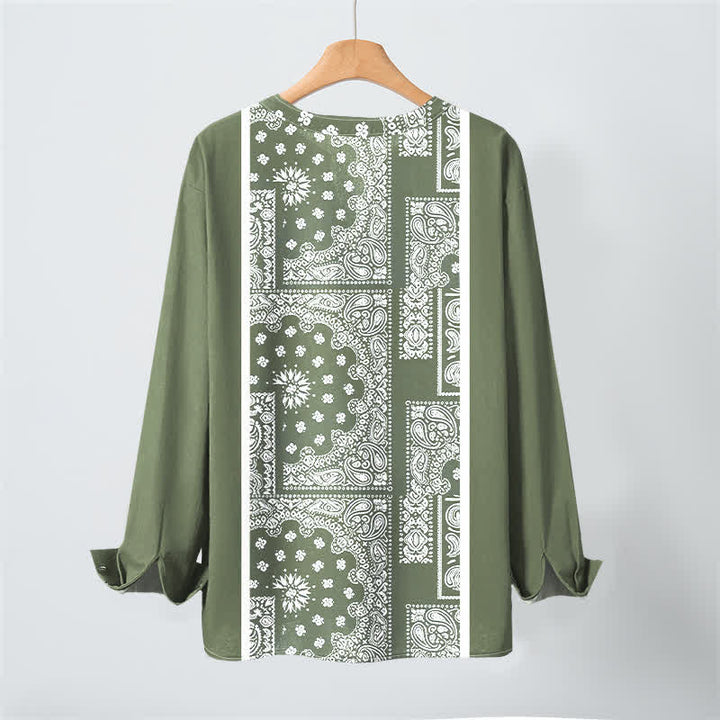 Buddha Stones Baumwollhemd im Boho-Stil mit Paisley-Streifenmuster, V-Ausschnitt und Knöpfen, langärmlig - image 17