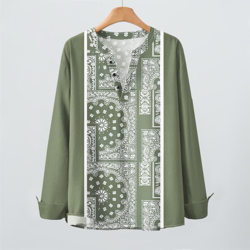 Buddha Stones Baumwollhemd im Boho-Stil mit Paisley-Streifenmuster, V-Ausschnitt und Knöpfen, langärmlig - image 16