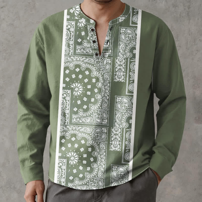 Buddha Stones Baumwollhemd im Boho-Stil mit Paisley-Streifenmuster, V-Ausschnitt und Knöpfen, langärmlig - image 15
