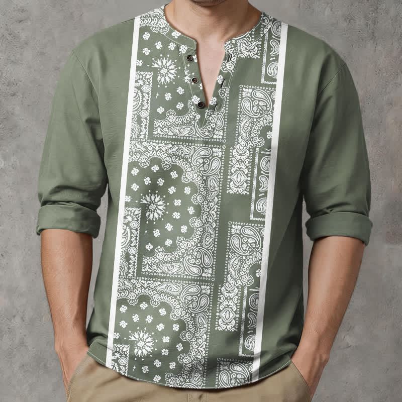 Buddha Stones Baumwollhemd im Boho-Stil mit Paisley-Streifenmuster, V-Ausschnitt und Knöpfen, langärmlig - Olivgrün - US/ UK/AU48, EU58 (4XL) - image 14
