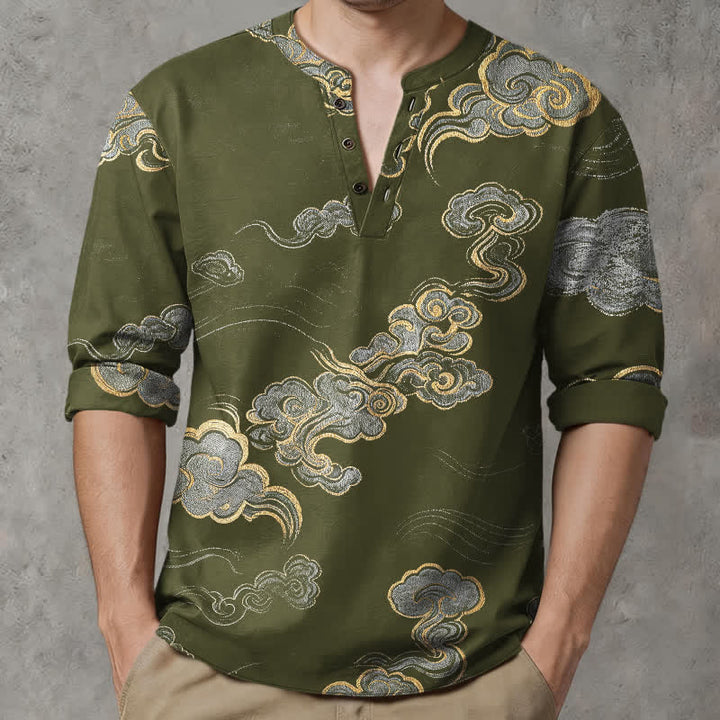 Buddha Stones Langarmhemd aus Baumwolle mit orientalischem Wolkenmuster, V-Ausschnitt und Knöpfen - Olive - US/ UK/AU48, EU58 (4XL) - image 7