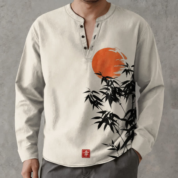 Buddha Stones Langarmhemd aus Baumwolle mit Bambus-Sonnenmuster, V-Ausschnitt und Knöpfen - Leinen - US/ UK/AU48, EU58 (4XL) - image 0