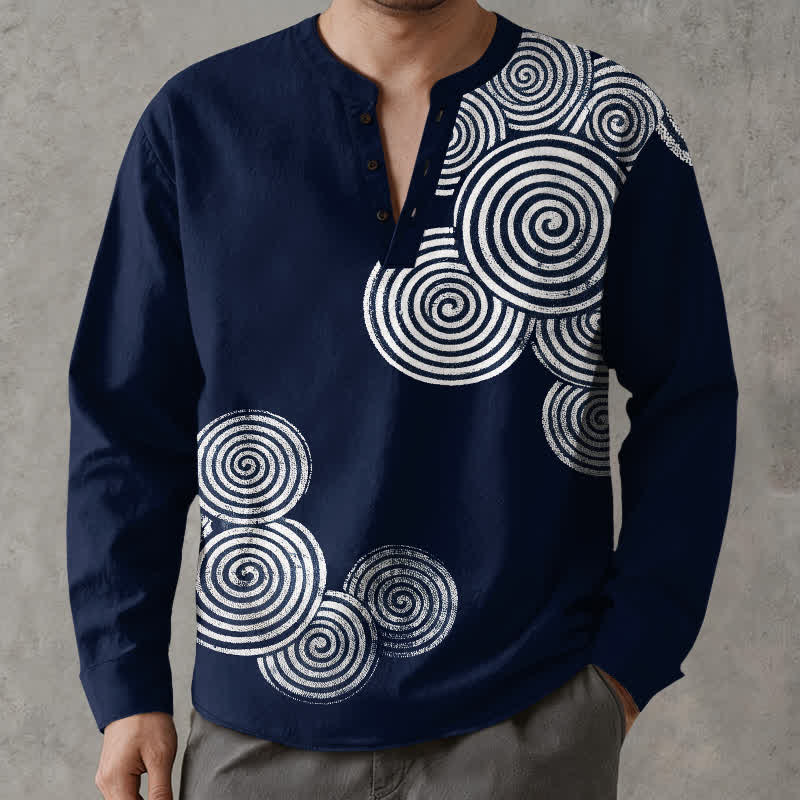 Buddha Stones Herrenhemd aus Baumwolle im Bohème-Stil mit Spiralmuster, V-Ausschnitt und Knöpfen, langärmlig - Marine - US/ UK/AU48, EU58 (4XL) - image 0