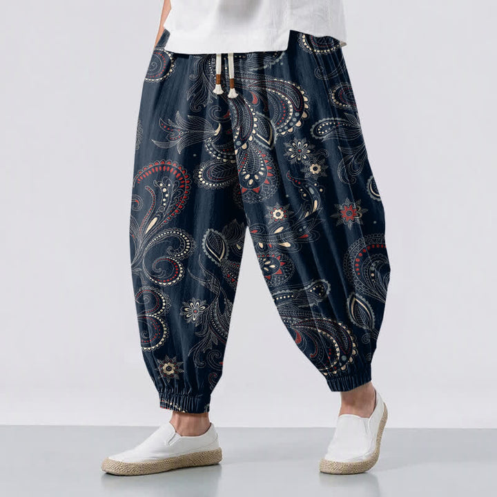 Buddha Stones Herren-Haremshose aus reiner Baumwolle mit ethnischem Blumen-Paisley-Muster, Kordelzug und Taschen - Marine - US/ UK/AU50, EU60 (5XL) - image 0